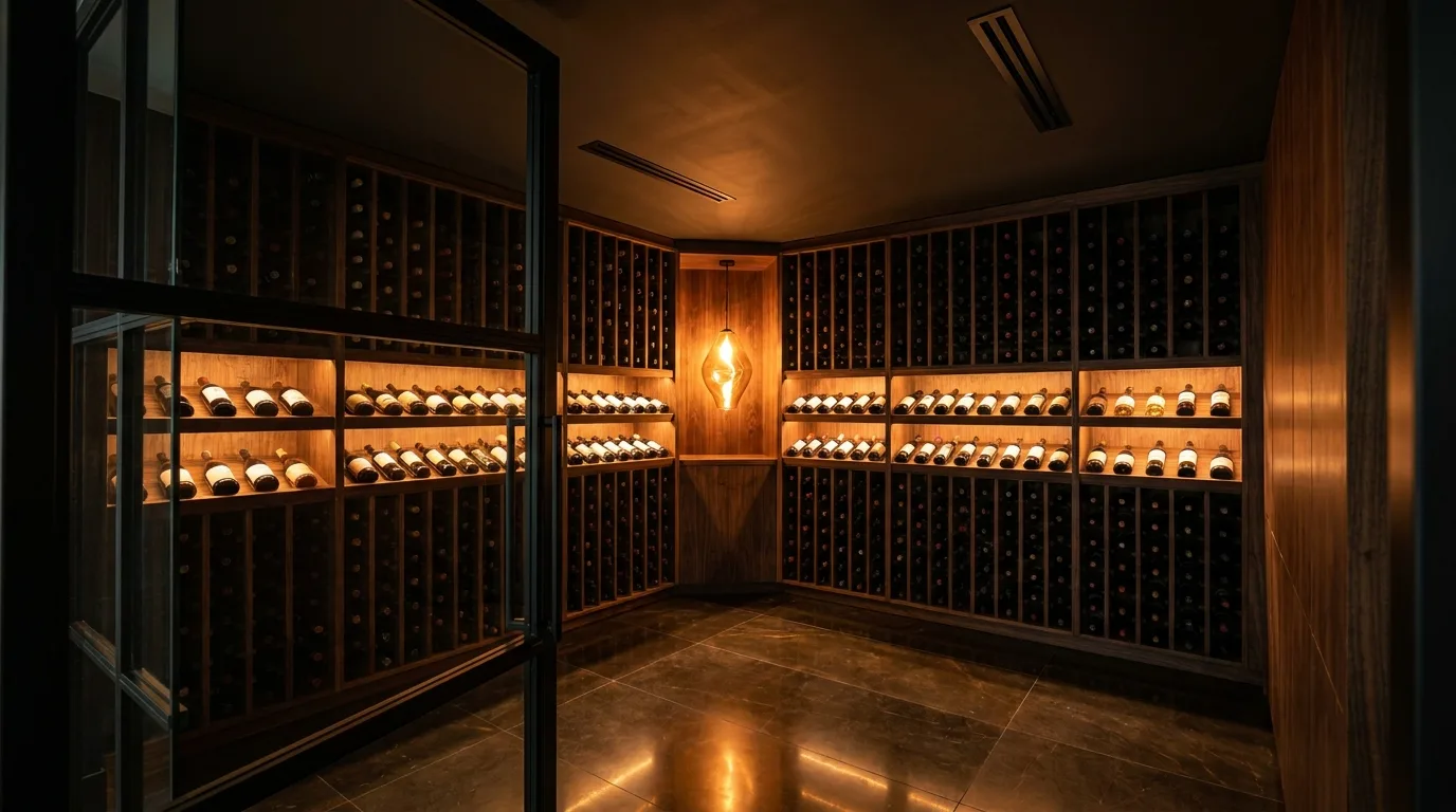 Oblique corner view of a luxurious modern wine cellar with floor-to-ceiling dark walnut bottle racks and discreet ceiling vents, illustrating the architectural envelope that frames the ductless vs ducted decision