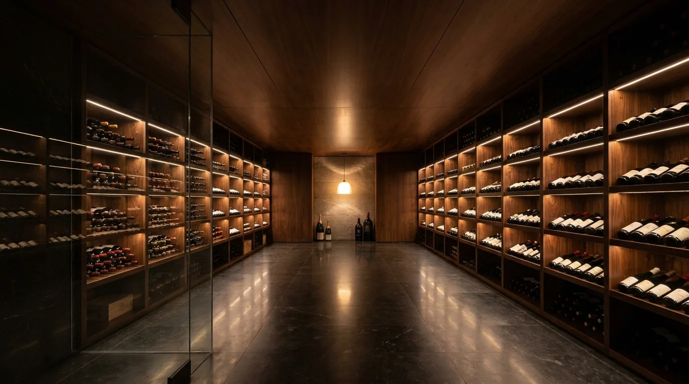 Interior view of a finished luxurious modern wine cellar with floor-to-ceiling dark walnut bottle racks and a clean architectural ceiling, with the cooling system hidden inside the architecture