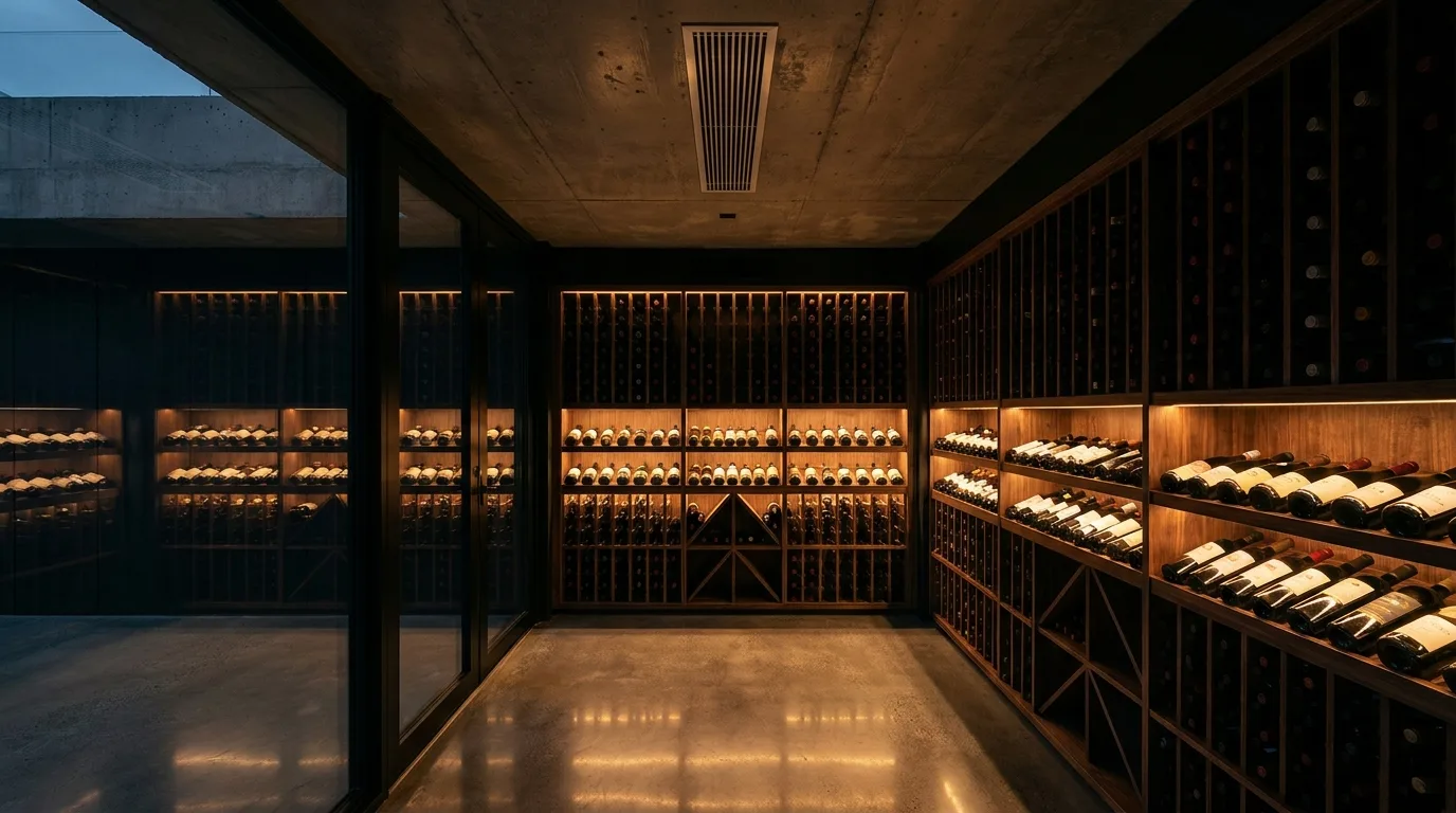 Wide interior view of a precisely engineered modern wine cellar with floor-to-ceiling dark walnut bottle racks, illustrating the room volume and architectural envelope that a wine cellar cooling unit must be sized for