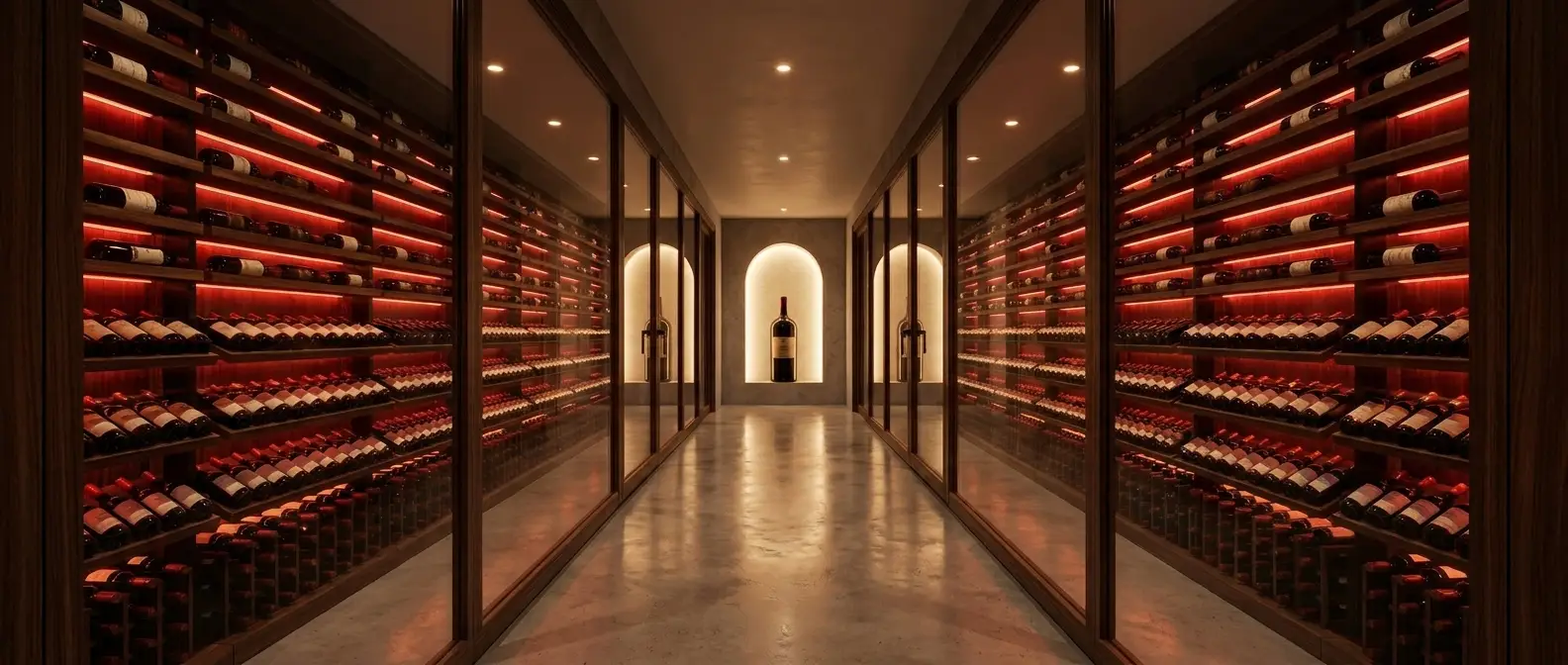 Grand wine cellar with deep one-point perspective looking down a corridor flanked by floor-to-ceiling bottle walls on both sides, warm red LED accents, polished concrete floor reflecting recessed ceiling lights, and a lit alcove at the far end displaying a single oversized format wine bottle as a focal point: the architectural scale a fully ducted cooling system enables
