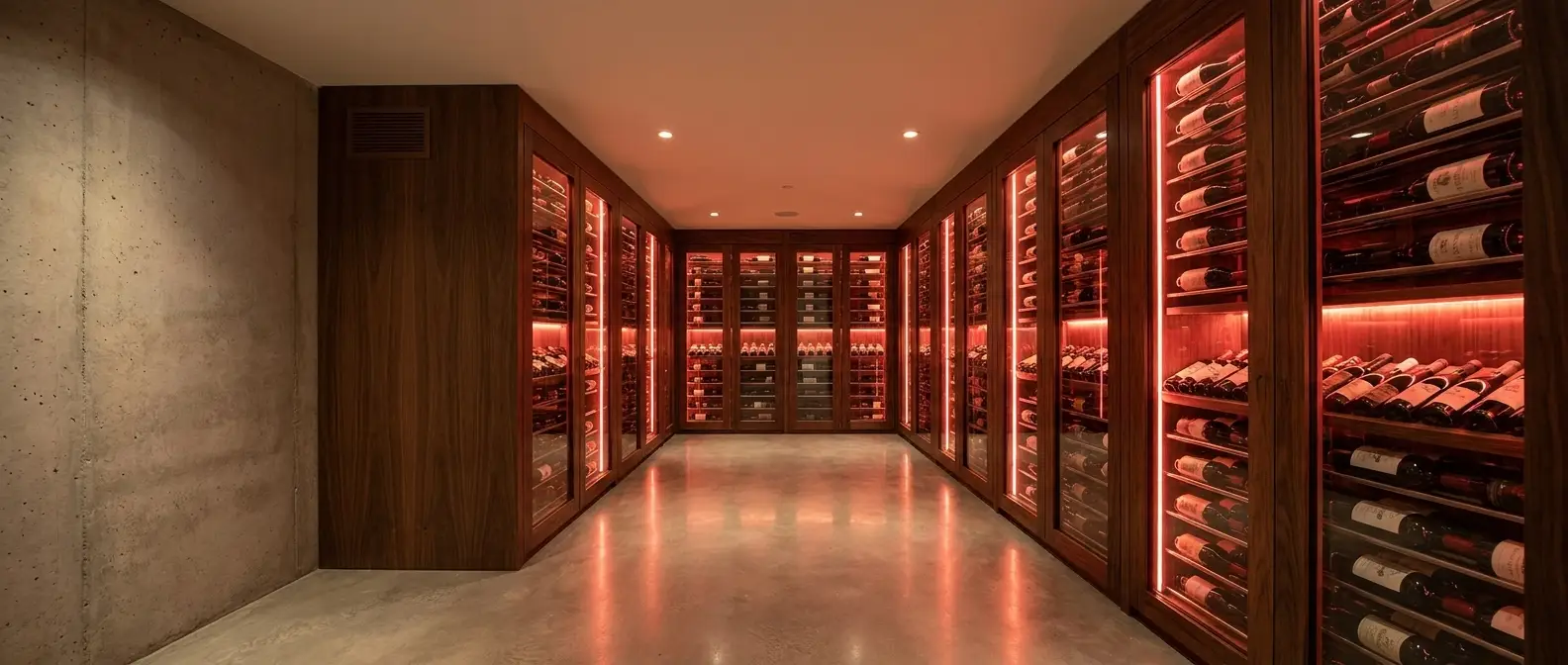 Residential wine cellar with glass front and bottle racks, illustrating the room a wine cellar refrigeration system is built to hold steady