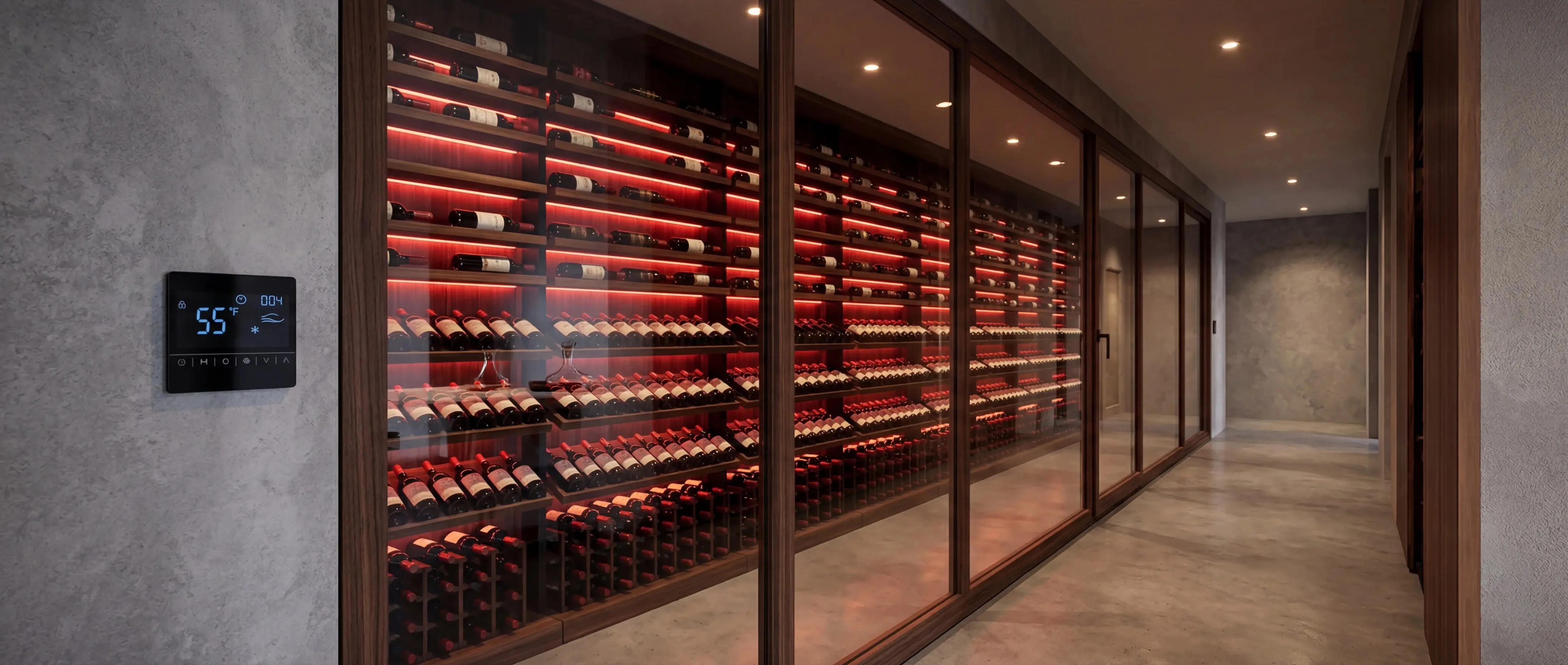 Modern home wine cellar interior with bottle racks softly lit by warm LED accent lighting, a wall-mounted digital thermostat reading 55°F, and architectural depth: the kind of installation a Panthaire APEX cooling unit is sized for