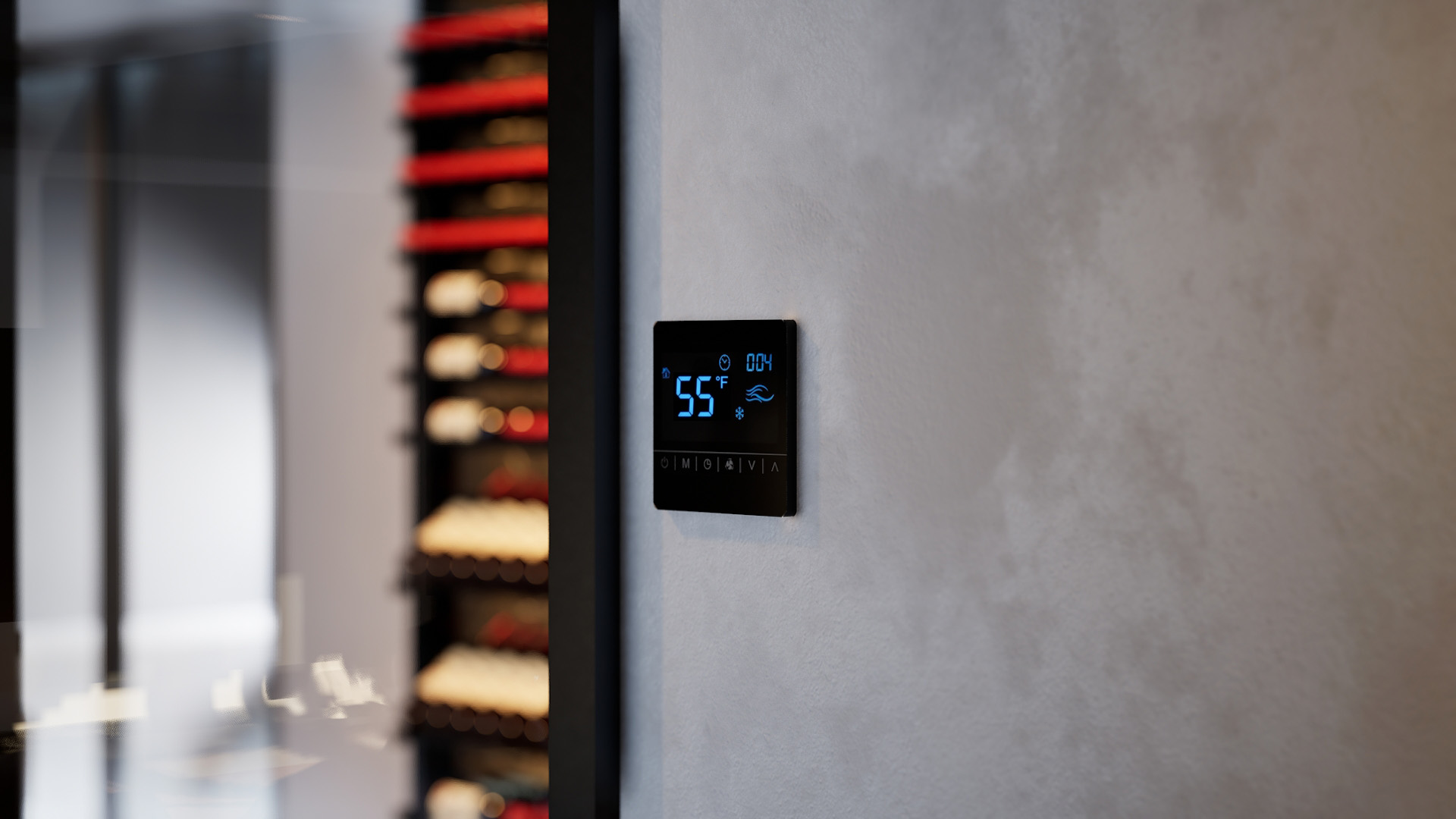 Wine cellar control panel reading 55°F beside glass and softly blurred bottle racks, showing stable room behavior